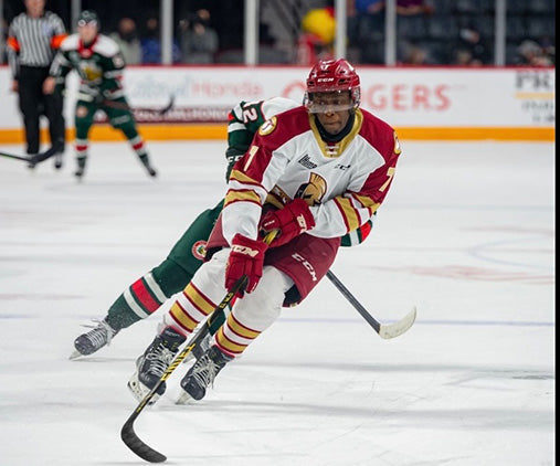 Hockey player in action on the ice with Swift Hockey logo on a black background