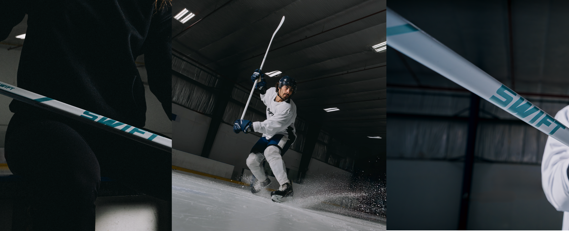 Hockey player on an indoor ice rink with a white senior 60" ZT Pro hockey stick, surrounded by close-up shots of the Senior hockey stick.